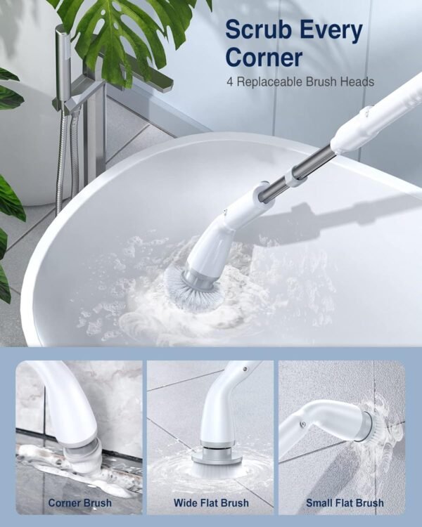 LABIGO Electric Spin Scrubber LA1 Pro, Cordless Spin Scrubber with 7 Replaceable Brush Heads and Adjustable Extension Handle, Power Cleaning Brush for Bathroom Floor Tile (White) - Image 5