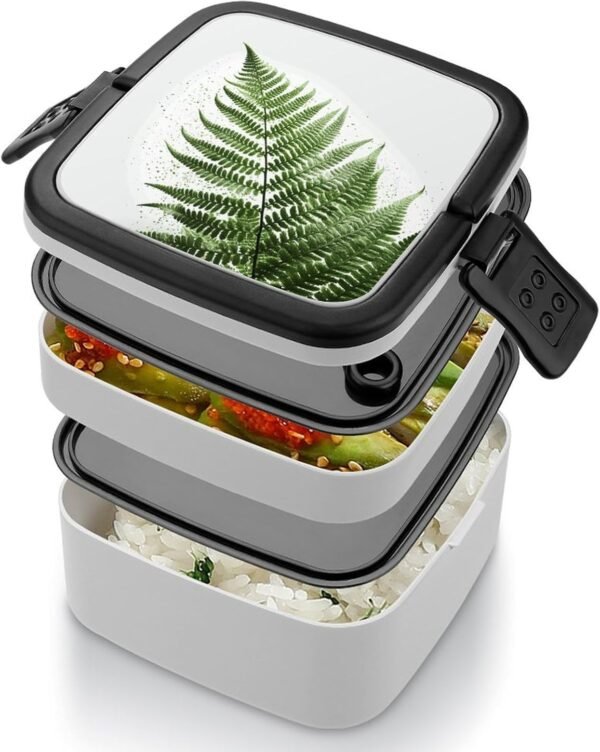 Natural Plant Silhouette Fern Leaf Bento Box Double Layer Lunch Box for Adults with Spoon And Handle Bento Boxes Leakproof One-piece Stackable Lunchbox for Work Picnics And Travel - Image 4