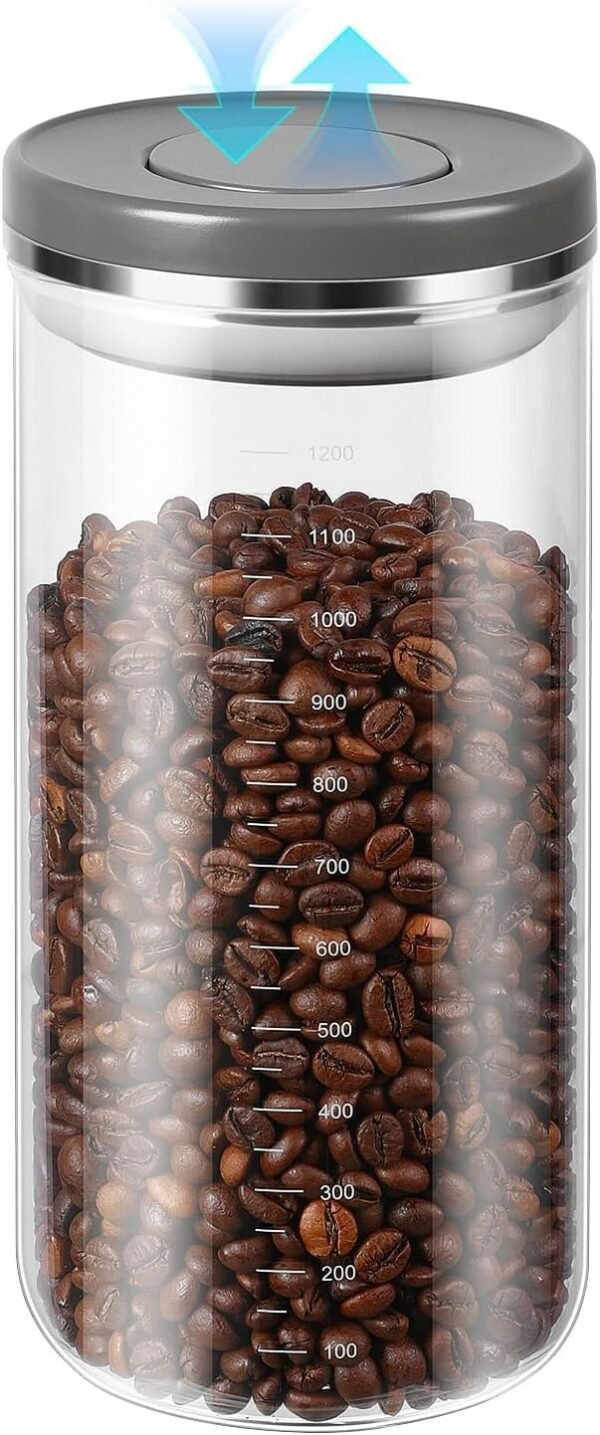 One-Press Button Coffee Canister with Airtight Lid, Borosilicate Glass Coffee Container with PP Silicone Lid, Food Storage Container for Grounds Coffee, 1lb Beans, Flour, Cereal, Sugar