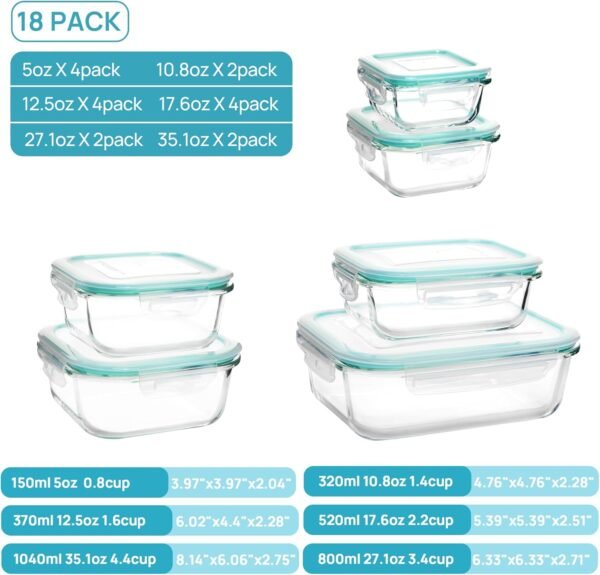 Vtopmart 18Pack Glass Food Storage Containers with Lids, Meal Prep Containers, Airtight Lunch Containers Bento Boxes with Leak Proof Locking Lids for Microwave, Oven, Freezer, Dishwasher - Image 5