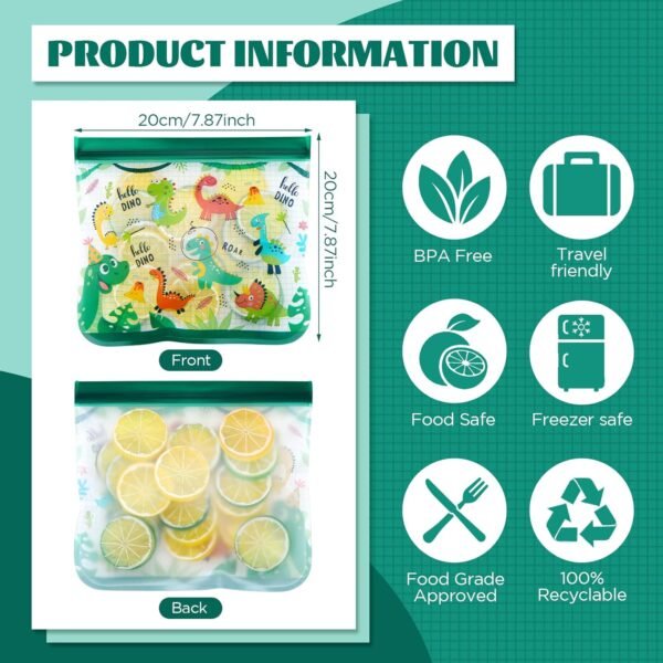 Rumia 12 Pack Reusable Food Storage Bags Dinosaur Silicone Sandwich Bags Snack Bags Leakproof Freezer Bags with Zipper Travel/Home Organization Waterproof Reusable Food Storage Bag - Image 4