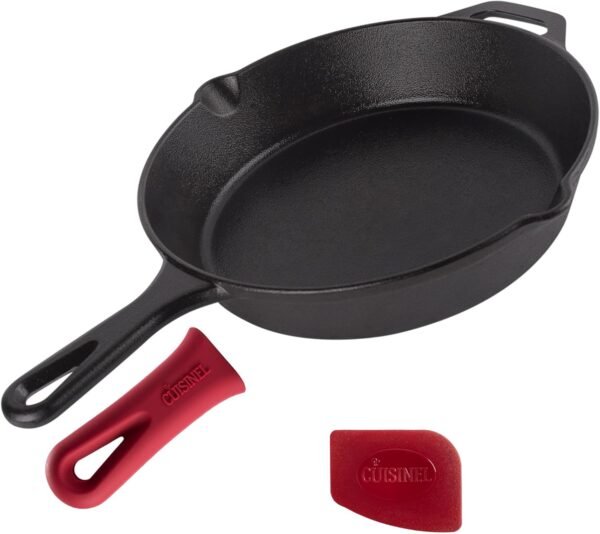 Cast Iron Skillet - 10"-Inch Frying Pan with Pour Spouts + Pan Scraper + Silicone Grip Handle Cover Holder - Pre-Seasoned Oven Cookware - Indoor/Outdoor Use - BBQ, Firepit, Stovetop, Induction Use