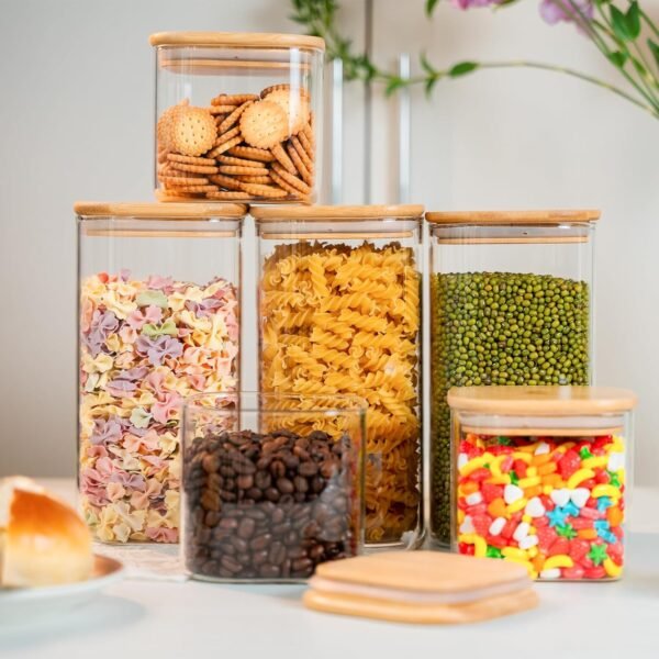 Glass Storage Jars 6 Pack -50oz (10cmx20cm)Clear Glass Food Storage Containers with Airtight Bamboo Lid Stackable Kitchen Canisters for Candy,Cookie,Rice,Sugar,Flour,Pasta,Nuts and Spice Jars(Square) - Image 5