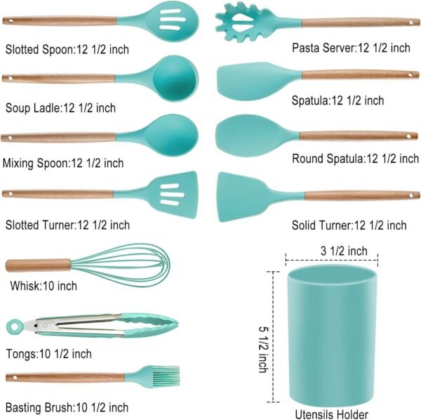 Silicone Kitchen Utensils Set - Heat Resistant Silicon Cooking Utensils, Wooden Handle Kitchen Utensil Set with Holder, Spoon Spatula Turner Tongs Whisk Kitchen Tools for Nonstick Cookware (BPA Free) - Image 8
