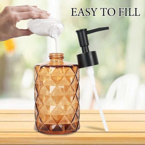 Glass Soap Dispenser, 2pcs Hand Soap Dispensers, Glass Bottle with Plastic Pump, Kitchen Dish Soap Dispenser Set for Bathroom, Hand Soap Dispenser for Liquid, Lotion, Essential Oil (Amber) - Image 5