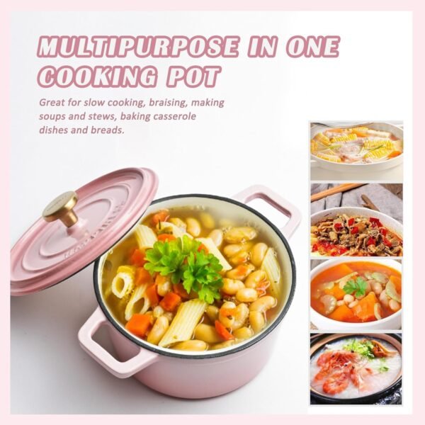 Enameled Cast Iron Dutch Oven, Pink Nonstick Dutch Oven Pot with Lid, Round Enamel Cookware for Braising Stewing Roasting Baking, Good Sealing, Cooking Pot Suitable for All Stoves (Pink) - Image 3
