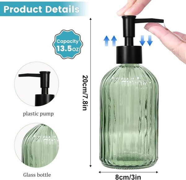 Green Glass Soap Dispenser Set with Black Pump, 13.5oz Refillable Liquid Hand Soap Dispenser, Lotion Dish Soap Dispenser for Modern Home Decor, Bathroom, Kitchen Countertop, Hotel(2 Pack) - Image 2