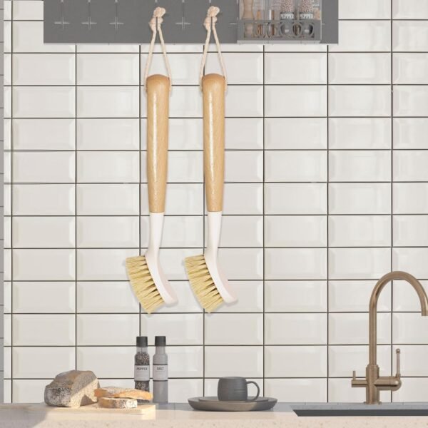 GIGAGO Efficient Kitchen Scrub Brush with Handle - Eco-Friendly Bamboo Dish Brush Set for Cleaning, Say Goodbye to Hassles! (2 Pack,White) - Image 8