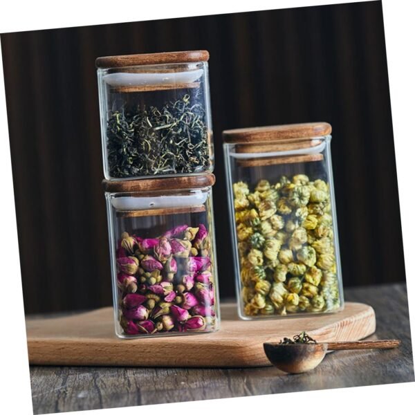 SECFOU 3pcs Airtight Glass Jars Dispenser Kitchen Storage Jars Coffee Jar Syrup Pantry Containers Jam Jars Overnight Oats Jar Nuts Bins Gooseneck Coffee Pod Holder Food Container Wood - Image 5