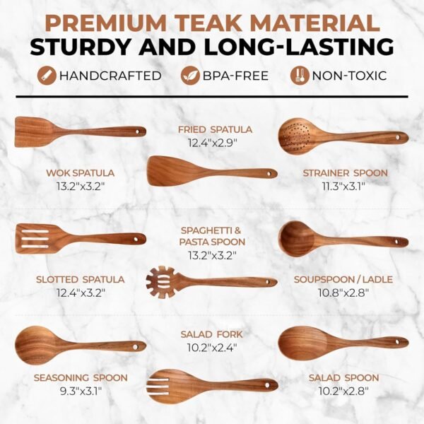 9 Piece Wooden Kitchen Utensils Set, Smooth Finished Wooden Spoons for Cooking, Natural Teak Cooking Utensil Set - Comfortable Grip, Durable & Sturdy - Image 5