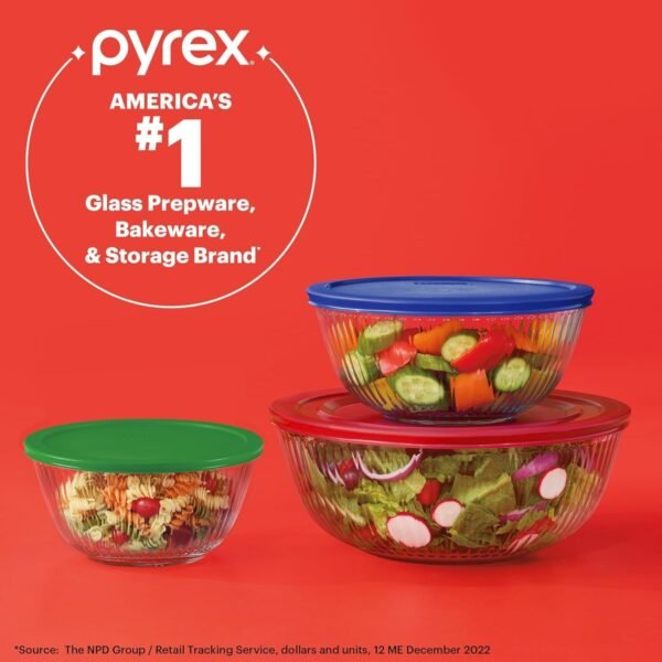 Pyrex Sculpted 3-Pack Glass Mixing Bowls (1.3 QT, 2.3 QT, 4.5 QT) with BPA-Free Lids, Prepping and Baking Food Storage Set, Dishwasher, Microwave and Freezer Safe - Image 5