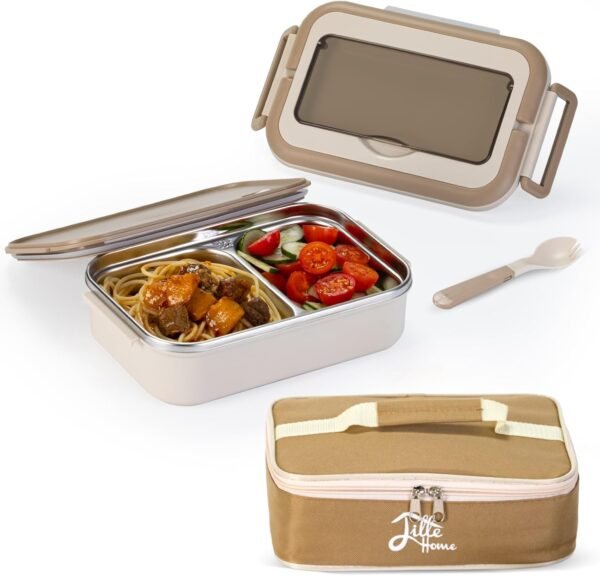 Lille Home Stainless Steel Bento Lunch Box – 2-Compartment Steel Lunch Box for Adults, Leakproof Lunch Containers, Includes Carry Handle, Lunch Bag, and Cutlery Set, BPA Free