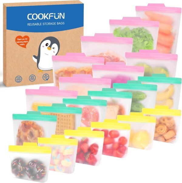 Reusable Food Storage Bags, Freezer Safe Reusable Sandwich Bags Containers, BPA FREE Reusable Snack Bags for Kids Adults, Kitchen Fridge Organization (20 Pack-8 Gallon 6 Sandwich 6 Snack)