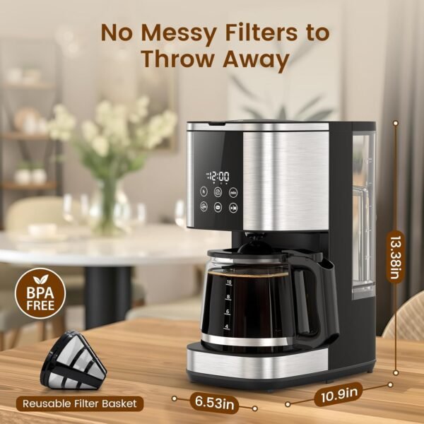 10-Cup Drip Coffee Maker, 24-Hour Programmable Coffee Brewer, Touch Screen, Coffee Strength Control, Reusable Filter, Coffee Pot, Energy Saving Auto Shut Off - Image 6