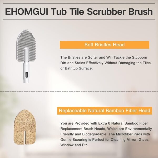 Tub Scrubber Cleaning Brush, Non-Scratch Shower Scrubber with Long Handle, 6 Replaceable Natural Fiber Pads & A Double-Sided Head, Scrub Brush for Cleaning Bathroom Kitchen Wall Sink - Image 4