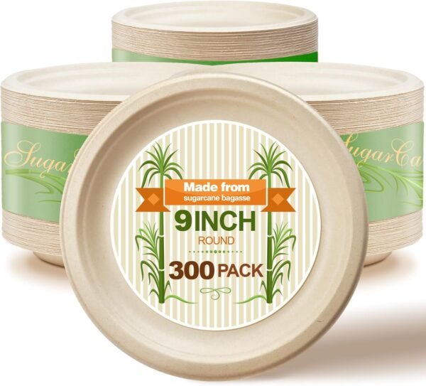 Paper Plates, Compostable Heavy Duty Disposable 9 Inch Plates - Eco-Friendly, Biodegradable Sugarcane Bagasse, Natural Unbleached Brown 9" Dinner Paper Plate Disposable (9inc-300Pack) - Image 9