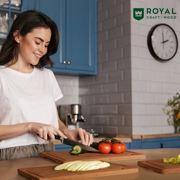 ROYAL CRAFT WOOD Wooden Cutting Boards for Kitchen Meal Prep & Serving - Bamboo Wood Serving Board Set with Deep Juice Groove Side Handles - Charcuterie & Chopping Butcher Block for Meat (3 Pcs) - Image 9