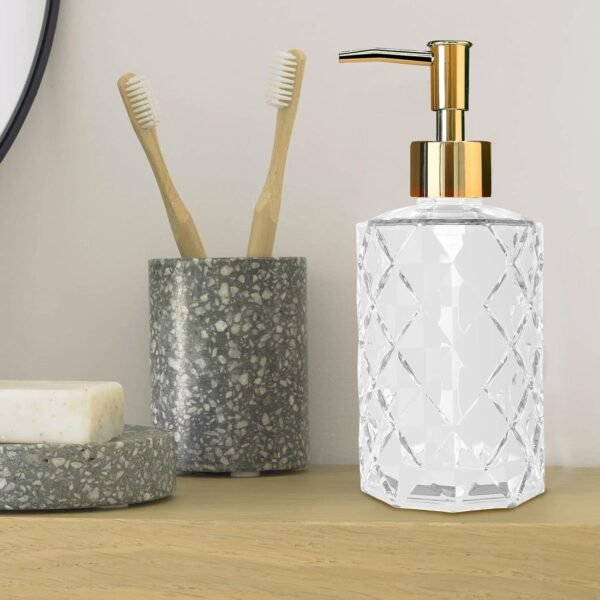 Clear Glass Soap Dispenser with Gold Pump, 2 Pack 12oz Diamond Hand Soap Dispenser, Refillable Lotion Dispenser & Dish Soap Dispenser, Bathroom Soap Dispenser for Liquid, Shower Gel - Image 4