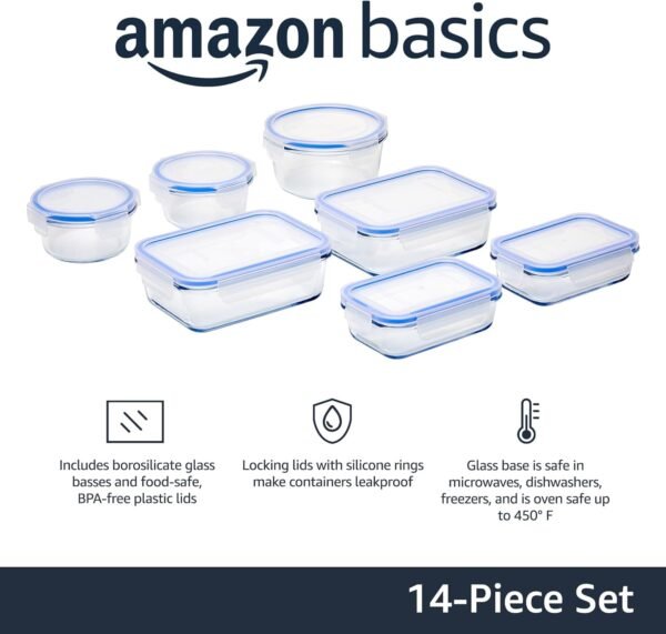 Amazon Basics Leak-Proof Glass Locking Lids Food Storage Containers, 14-Piece Set, 7 Count of Bases and 7 Plastic Lids, Clear, Blue, BPA Free, Dishwasher & Microwave Safe, for Meal Prep & Freezer - Image 3