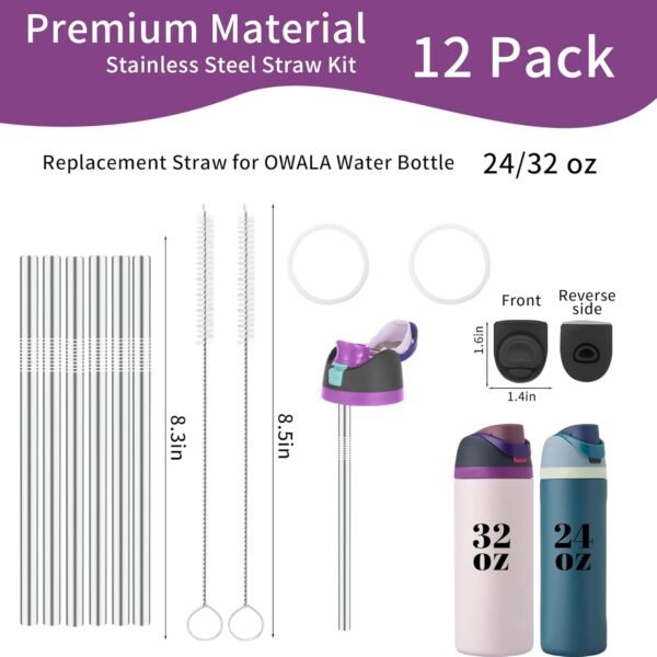 12PCS Replacement Straws Compatible with Owala 24oz/32oz with 2 Cleaning Brushes 6 Reusable Stainless Steel Straw 2 Water Bottle Seal Ring 2 Replacement Stopper for Owala Freesip - Image 2