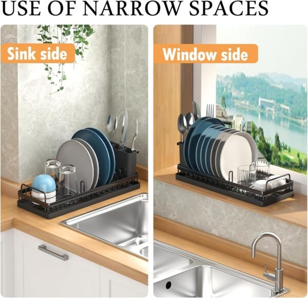 Small Dish Drying Rack, Compact Sink Dish Rack with 2pcs Silicone Drying Mats, Dish Drainer Kitchen Dish Organizer Sponges Holder for Kitchen Counter, Bar, Bottle, Cup - Image 7