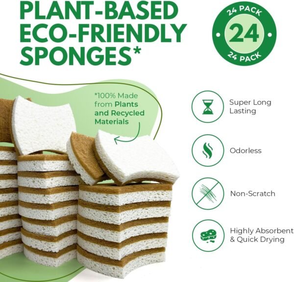 Biodegradable Natural Kitchen Sponges Pack of 24 - Cellulose and Coconut Kitchen Scrubber Dishwashing Sponges - Eco Friendly Non-Scratch Heavy Duty Kitchen Sponges and Scrubbers for Dishes - Image 2