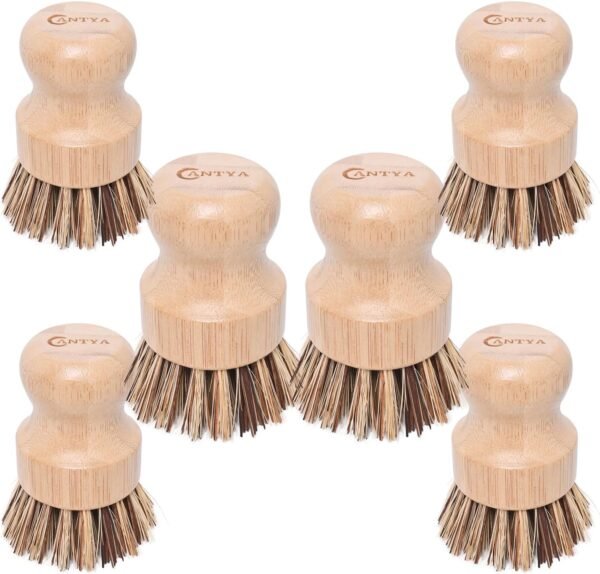 Bamboo Wok Brush - 6 Pcs Hard Palm Brush, Natural Dish Scrubber Brush, Kitchen Brush, Dish Scrub Brush, Bamboo Dish Brush for Cleaning Pans, Pots and Sink