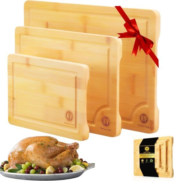 Bamboo cutting boards for Kitchen, Bamboo cutting board set of 3 with Juice Groove & Side handles, Thick Chopping Board for Meat, Veggies, Wooden cutting board set, Kitchen Must Have, Best Gift Idea