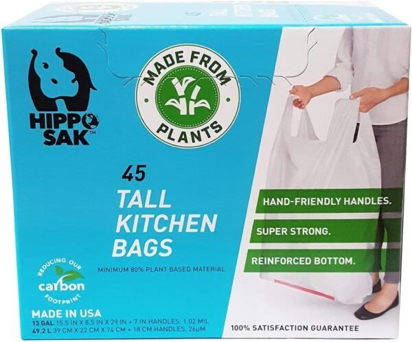 Hippo Sak - Plant Based Tall Kitchen Garbage Bags with Ergonomic Handles - 13 Gallon Trash Bags - Recyclable & Eco Friendly - Super Strong and Leak Proof Tall Kitchen Trash Bags (45 Count)