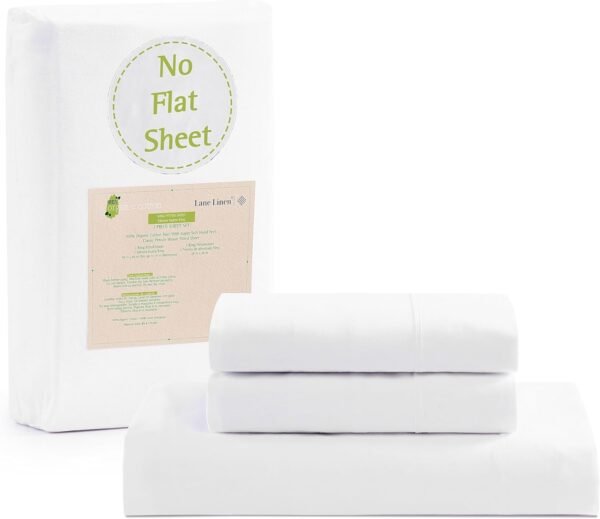 Lane Linen Fitted Sheet King Size, 100% Organic Cotton, 3-Piece Set (1 Fitted Sheet,2 Pillowcases), Percale Weave, Ultra Soft, Breathable,Fits Mattress Upto 15" Deep - White (No Flat Sheet)