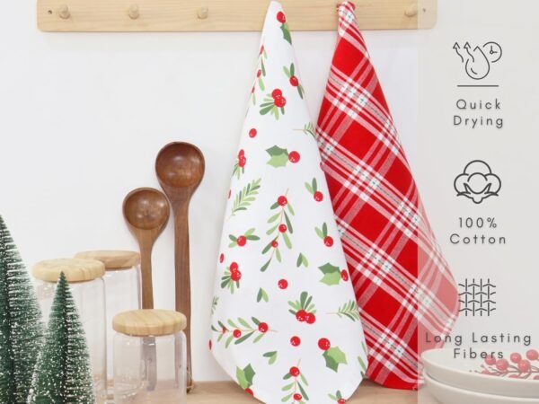 PurpleEssences Christmas Kitchen Towel Set of 2-100% Cotton Tea Towels for Baking, Cleaning, Entertainment & Cooking, Holiday - Mistletoe and Plaid - Image 4
