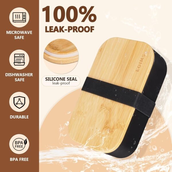 Bento Box for Adults,Japanese Food Containers for Women/Man,Leak Proof Bamboo Bento Box Adult Lunch Box with Sauce pot, Microwavable Dishwasher Safe,BPA-Free Black - Image 2