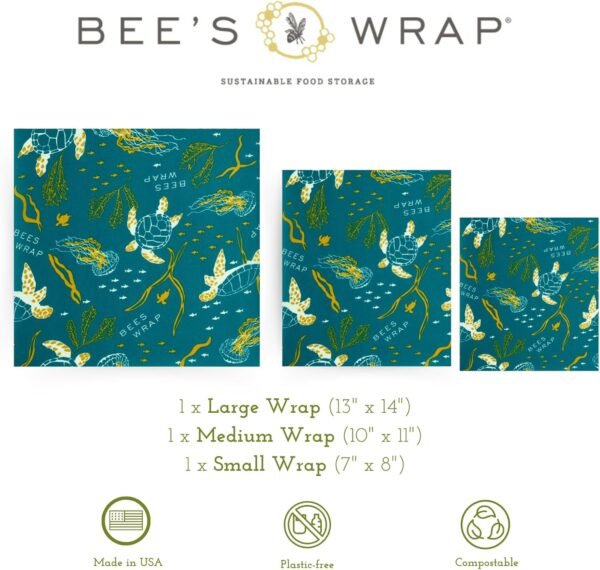 Bee's Wrap Reusable Beeswax Food Wraps Made in the USA, Eco Friendly Beeswax Wraps for Food, Sustainable Food Storage Containers, Organic Cotton Food Wraps, Assorted 3 Pack (S, M, L), Ocean - Image 2