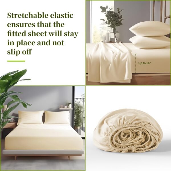 Shilucheng 100% Viscose Derived from Bamboo_ Sheets King Size 4pcs - Ultra Cooling & Silky Soft Bed Sheets, 16" Deep Pocket, Perfect for Hot Sleepers, Hotel Bedding Sheets (Beige) - Image 7