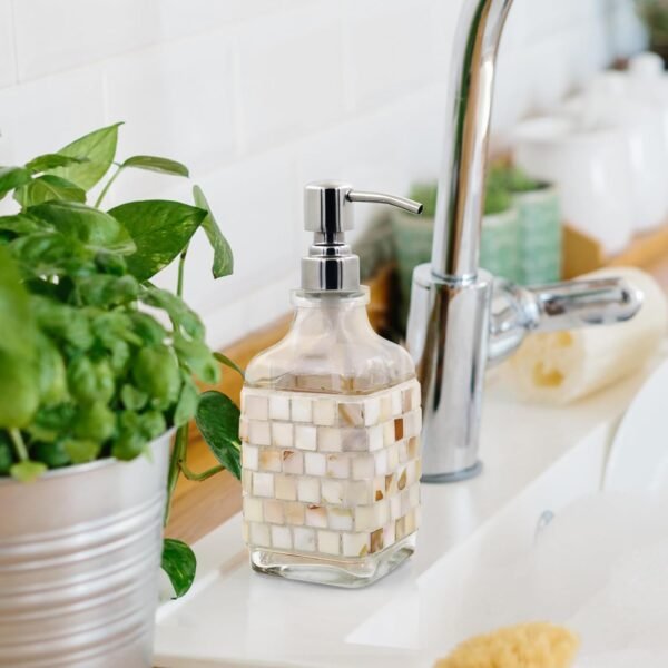 WDHODEC Shell Glass Soap Dispenser with Stainless Steel Pump, 18 OZ Refillable Liquid Hand Soap Dispenser Set for Kitchen Bathroom - Image 3