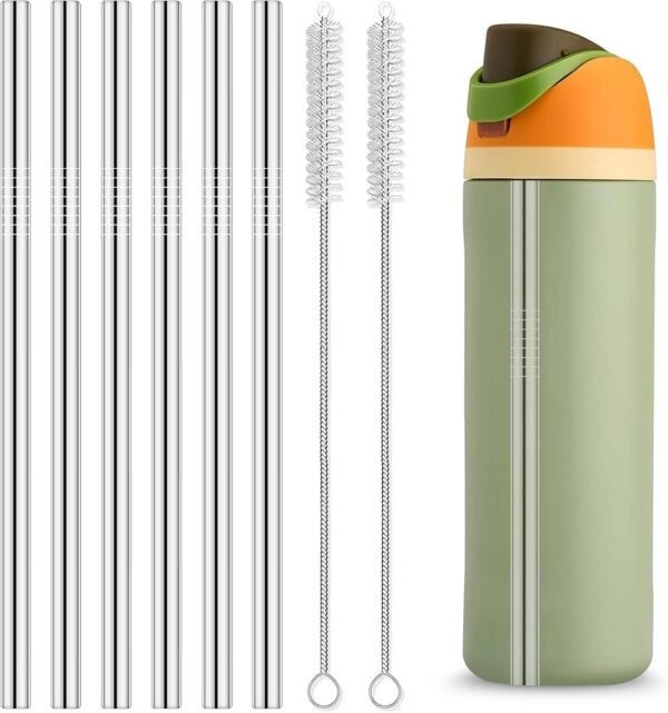 Axlksia 6 Pcs Replacement Metal Straws for Owala Water Bottles 24 oz and 32 oz, with 2 Straw Cleaners. Reusable Stainless Steel Straws Compatible with Owala Water Bottles