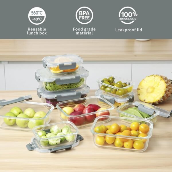 Glass Food Storage Containers with Lids,20 Pieces Glass Storage Container sets,Glass Meal Prep Container,Airtight Glass Lunch Containers,Leakproof,BPA Free(10 lids & 10 Containers) - Image 5