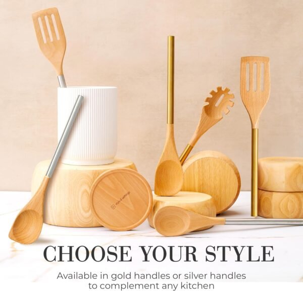 Wooden Utensil Set with Gold Stainless Steel Handles - 6 Piece Wooden Cooking Utensils for Nonstick Cookware - Stylish Wood and Gold Cooking Utensils for Modern Kitchens - Great for Gifting - Image 7