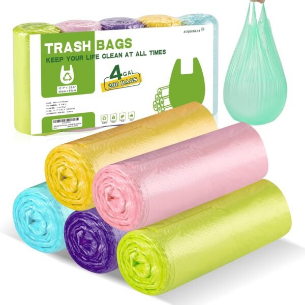 Trash-Bags Kitchen-Bathroom 4 Gallon Small-Garbage Bag - Unscented Multiple Colors With Handle 200 Count Plastic Car Recycling Can Liners Outdoor Yard Office Yard Eco Friendly Strong Acqkunlo