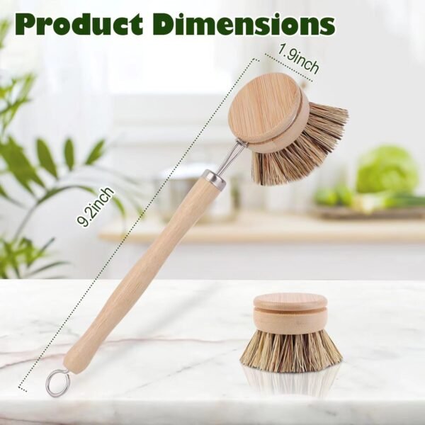 Bamboo Dish Brush with Handle - 4 Replacement Heads | Eco Hard Palm Dish Scrub Brush | Vegetable Brush | Dish Scrubber Brush | Bamboo Wok Brush for Cleaning Kitchen Utensils - Image 2