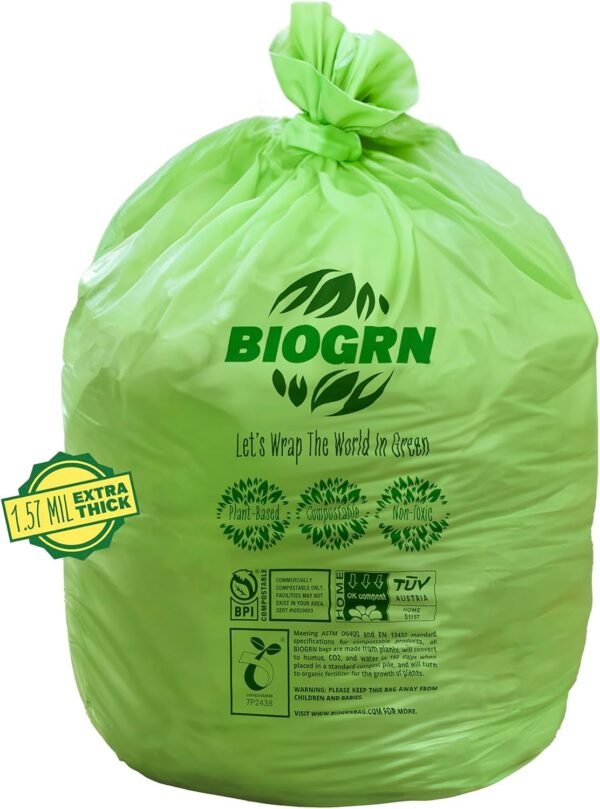 55 Gallon Compostable Trash Bags Flat-Top, Heavy Duty Extra Thick 1.57 Mil, 208.2 Liter, 12 Bags, Large Lawn and Yard Waste Bag, ASTM D6400, US BPI and OK Compost Home Certified