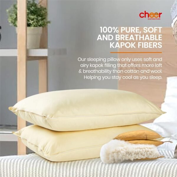 Cheer Collection Set of 2 Organic Kapok Bed Pillows, Natural Kapok Fiber Filled Sleeping Pillows with Breathable Cotton Shell, Standard Size, 20 x 28 inches - Image 5