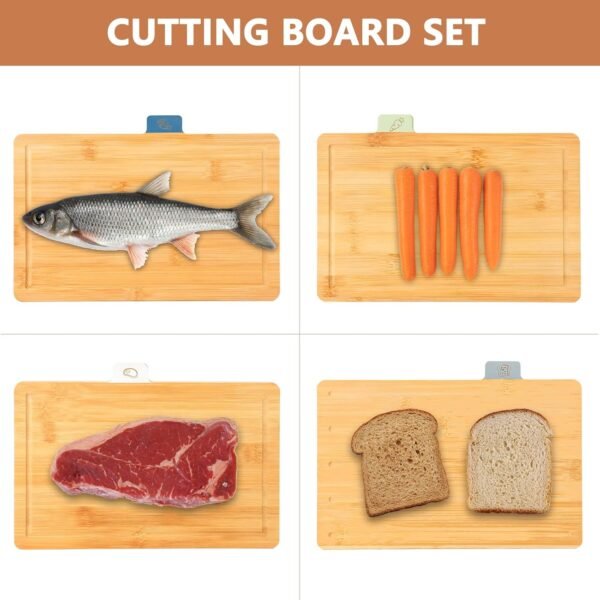 Bamboo Cutting Board Set of 4 with Labeled Food Icon for Kitchen- Wood Cutting Board with Stand Chopping Boards Set with Holder for Meat, Fish, Bread, Vegetable Chopping - Image 4
