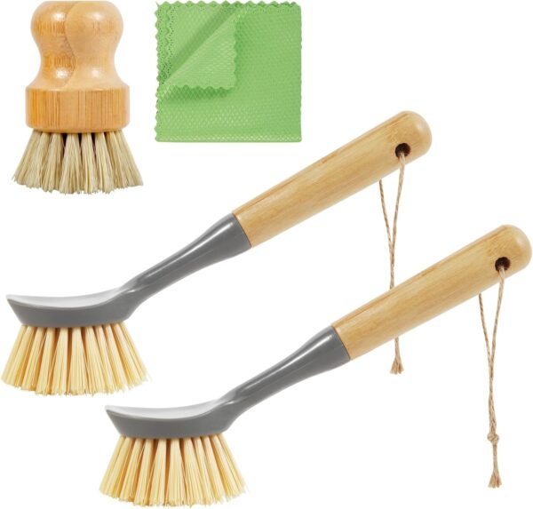 Kitchen Scrub Brush Built-in Scraper, Bamboo Dish Brush, Kitchen Cleaning Brush Cleaning Pans, Platesand More 3 Pack