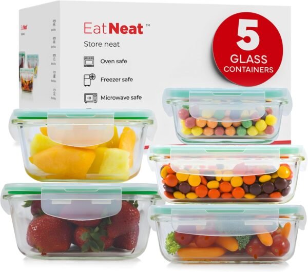 EatNeat Set of 5 Glass Food Storage Containers with Airtight Snap Locking Lids - Oven, Microwave & Dishwasher Safe - Freshness Sealed Stackable Meal Prep for Home, Office, Travel & Outdoor - BPA-Free