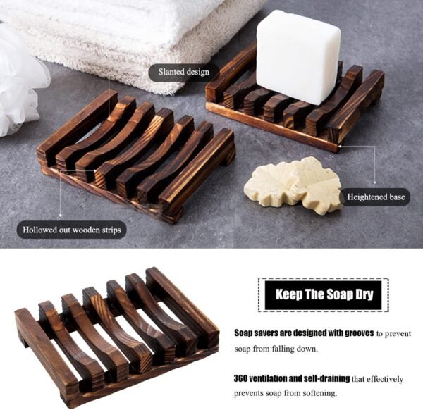 Self Draining Soap Dish Holder/ Tray, 3 Pcs Natural Wooden Soap Saver, Soap Case for Shower, Bathroom, Extend Soap Life, Keep Soap Bars Dry Clean & Easy Cleaning（Charcoal） - Image 3