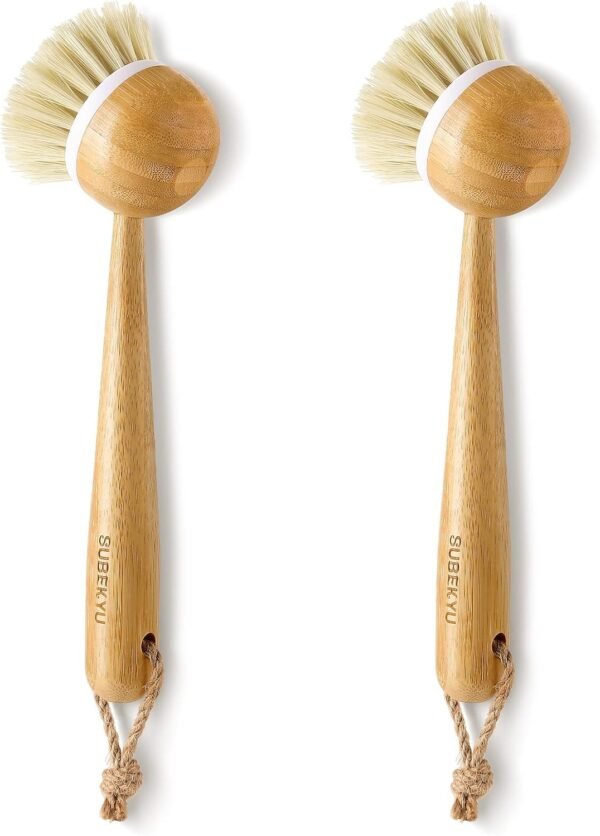 SUBEKYU Dish Brush with Handle, Natural Bamboo Dish Scrubber Brush, Kitchen Dishwashing Brush for Cleaning Dishes/Pans/Pots/Sinks, Sisal Bristles, 2P