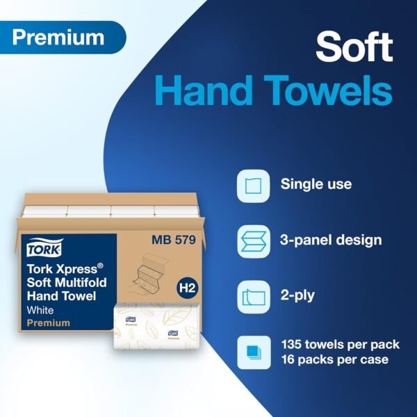 Tork Premium MB579 Soft Xpress Multifold Paper Hand Towel, 3-Panel, 2-Ply, 9.125" Width x 9.5" Length, White (Case of 16 Packs, 135 per Pack, 2.160 Towels) - Image 3