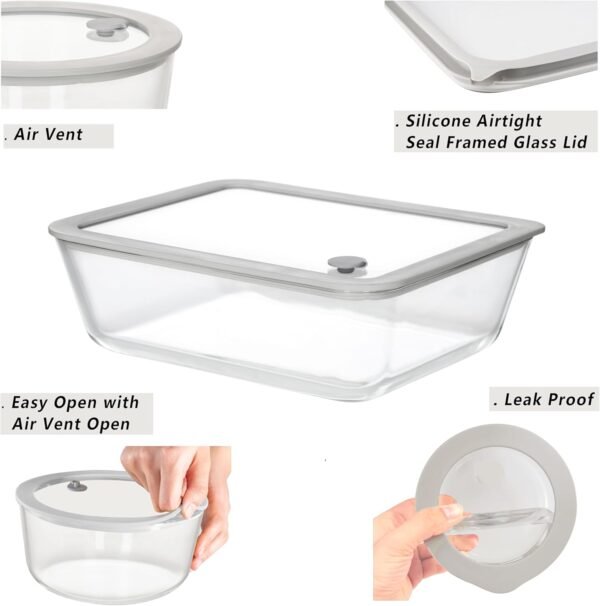 Glass Food Containers with Glass Lid, Microwave Safe Glass Food Storage Container, Large 4 Pack Round Shape, Glass Food Containers with Lids, Glass Meal Prep containers with Leak Proof Lid. - Image 2