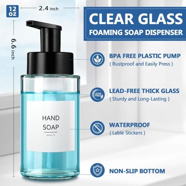 Foaming Soap Dispenser, 12 Oz Foaming Hand Soap Dispenser, 2 Pack Glass Foaming Soap Dispenser for Bathroom & Kitchen, Clear Refillable Foam Soap Dispenser Pump Bottle with Waterproof Labels - Image 3
